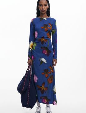 Vestido midi asimétrico, Mujer, Viscosa, Azul, XS