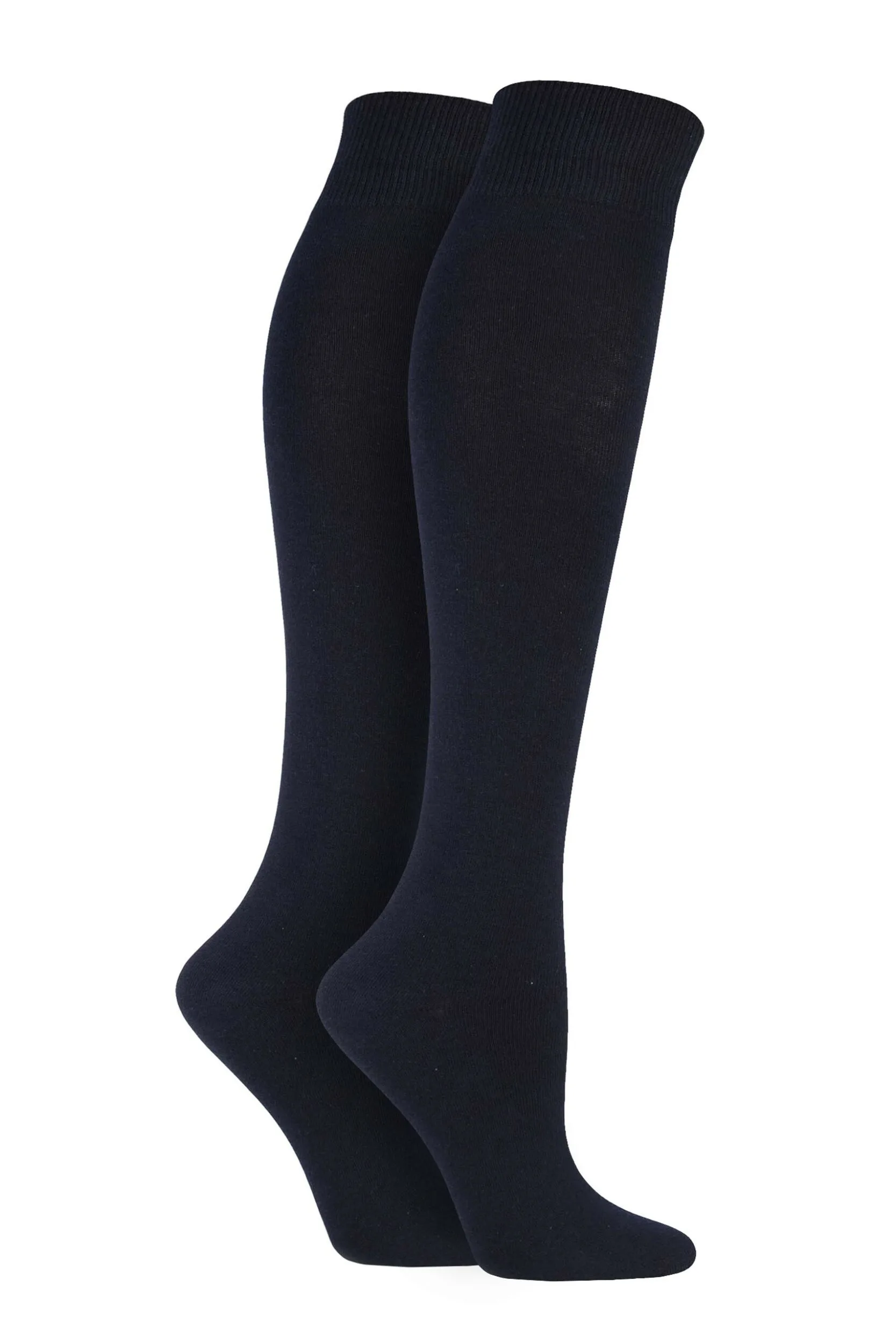 Women's 2 Pair Plain and Striped Cotton Knee Highs Navy - Blue - Size: Small - ELLE - FashionsVida