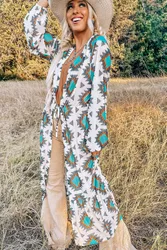 Womens White Western Aztec Print Duster Open Front Top - Ivory Viscose - Size Small
