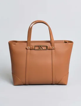 Borsa shopper Exchange color cuoio con placca logo dorata e tracolla removibile - Armani - FashionsVida