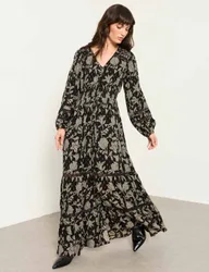 Jacquard Floral V-Neck Maxi Waisted Dress Black Mix female