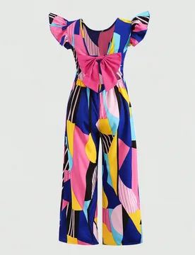 Mono con estampado geométrico, espalda descubierta y lazo grande para vacaciones de niña preadolescente - Shein - FashionsVida