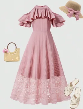 Vestido elegante para adolescente con hombros descubiertos, volantes, ribete de encaje y bajo de tela texturizada - Shein - FashionsVida