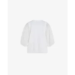 Camiseta de mujer con mangas abullonadas y detalles calados