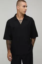 Mens Oversized Deep V Neckline Linen Blend Shirt - Black Viscose - Size X-Small