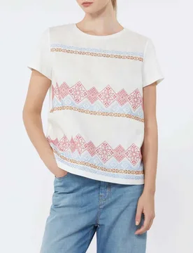 T-shirt girocollo Weekend bianca in cotone con inserto in lino sul davanti multicolor - Max Mara - FashionsVida