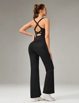 Mono deportivo negro para mujer, ropa casual de yoga y pilates, secado rápido, control de abdomen, con sujetador incorporado y diseño de espalda cru - Shein - FashionsVida