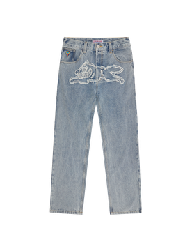 Applique Running Dog Double Scoop Denim Pants - Light Wash