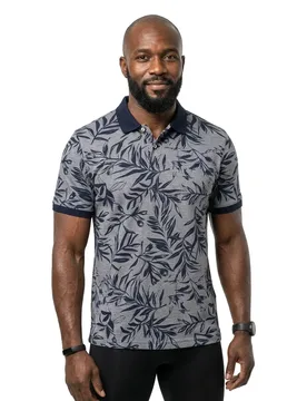 Polo à Manches Courtes 2-tone Aop Navy L - Fynch Hatton - FashionsVida