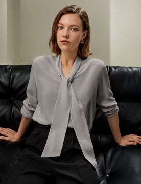 Blusa Elegante Donna in Seta Crêpe de Chine Grigio M