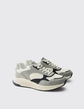 Men's Contrast Mesh Panel Runner Trainer Charcoal Size 11 Charcoal 11 - boohooMAN - FashionsVida
