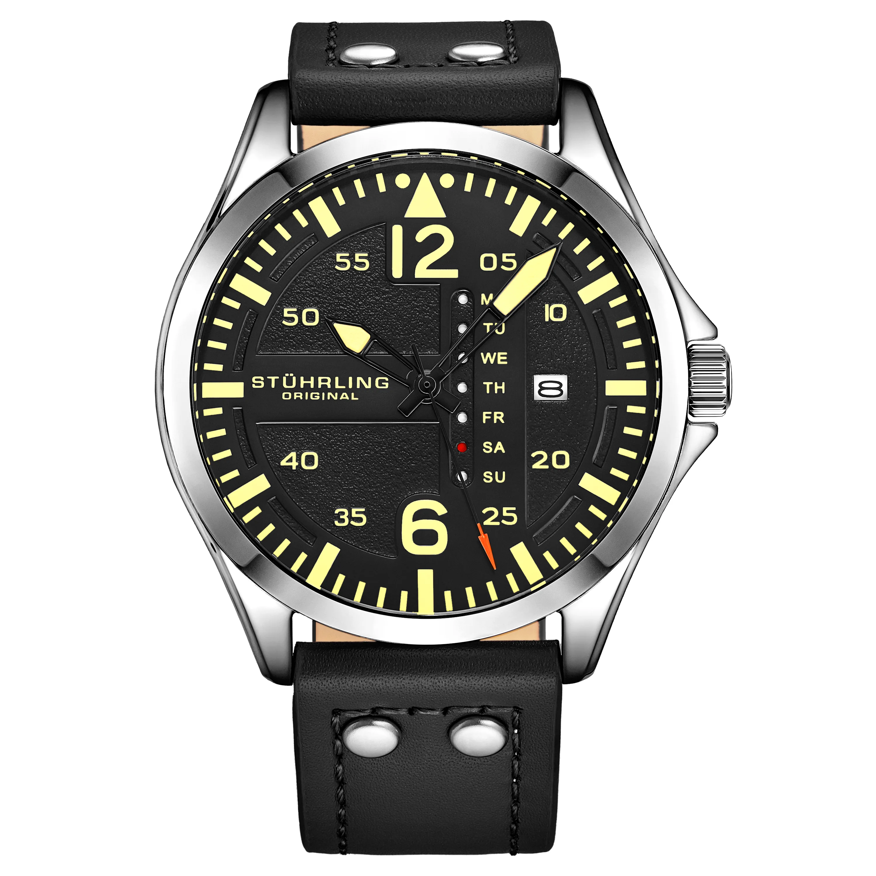 Mens Black Aviator Quartz 44mm - Silver - One Size - Stührling - FashionsVida