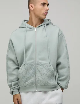 Herren Übergroßer Kapuzenpullover Mit Beflock-Ärmeln Und Durchgehendem Reißverschluss Forest Größe Medium - boohooMAN - FashionsVida