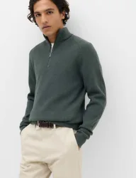 Cotton Blend Ribbed Half Zip Jumper Cedar male