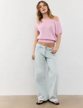 Rustikales Stricktop mit Bateau-Ausschnitt Pastellrosa S - Stradivarius - FashionsVida
