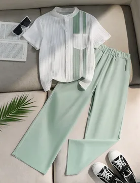Piezas/Set Camisas casuales para hombres adolescentes con tela texturizada, diseño de bolsillo y ribete de contraste, adecuadas para el uso diario, v - Shein - FashionsVida