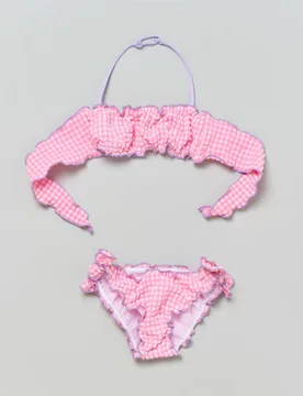 Bikini Emy a fascia in seersucker a fantasia vichy rosa e bianca con profili lilla - MC2 SAINT BARTH - FashionsVida