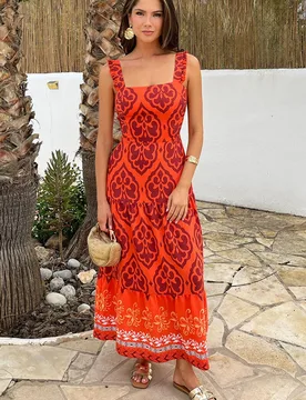 Women's Orange Boho Border Print Frill Strap Smock Midi Dress Size: 12 - Orange - Size: 12 - AX Paris - FashionsVida