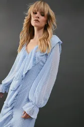 Womens Dobby Chiffon Ruffle High Low Hem Midi Dress - Blue - Size 10 Uk
