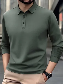 Camisa polo de manga larga para hombre, casual y ligera, de unicolor, estilo de negocios sencillo y de campus, para otoño/invierno - Shein - FashionsVida
