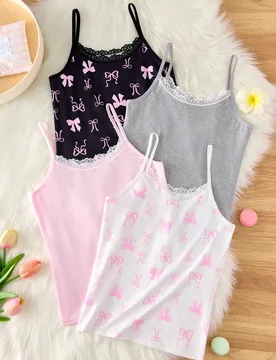 Set de 4 camisetas básicas de tirantes con estampado de lazo multicolor y encaje frontal, suaves y cómodas para niñas - Shein - FashionsVida