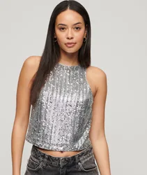 Superdry Damen Ärmelloses Racer-oberteil mit Pailletten Silber - Größe: 36