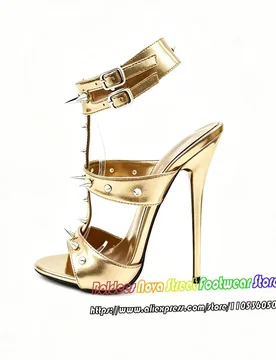 Cm Rivets Decor Patent Leather High Heel Sandals Women Sexy Punk Style Peep Toe Stilettos Slingback Buckle Strap Party Shoes - Aliexpress - FashionsVida
