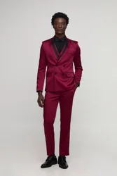 Herren Slim Fit Satin-Sakko mit Kontrastkragen Burgundy Größe 40