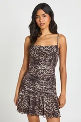 Womens Leopard Print Ruched Strappy Mini Dress - Brown - Size 16 Uk