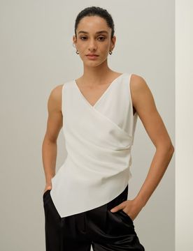 Donna Crepe di Seta V Scollo Top Asimmetrico Bianco L