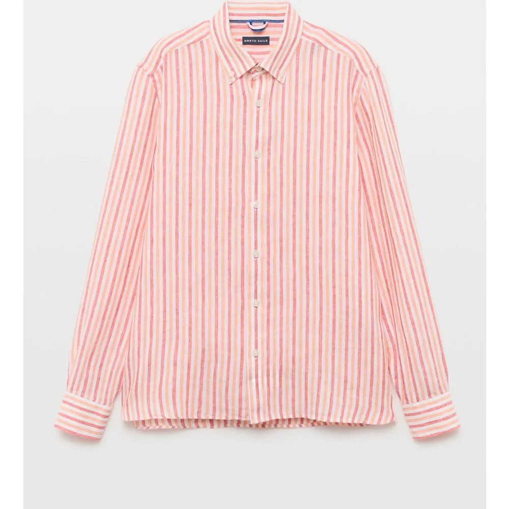 Camisa de hombre en lino a rayas con botón en cuello - North Sails - FashionsVida