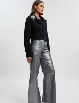 Women's Metallic Coated Denim Wide Leg Jean in Silver Size: 10 - Silver - Size: 10 - Karen millen - FashionsVida