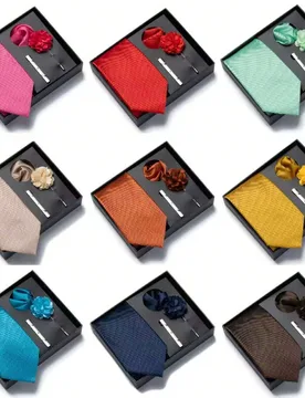 Set de 4 piezas de corbata de unicolor formal, pañuelo de bolsillo, clip de corbata y alfiler de solapa, caja de regalo de accesorios para traje de h - Shein - FashionsVida