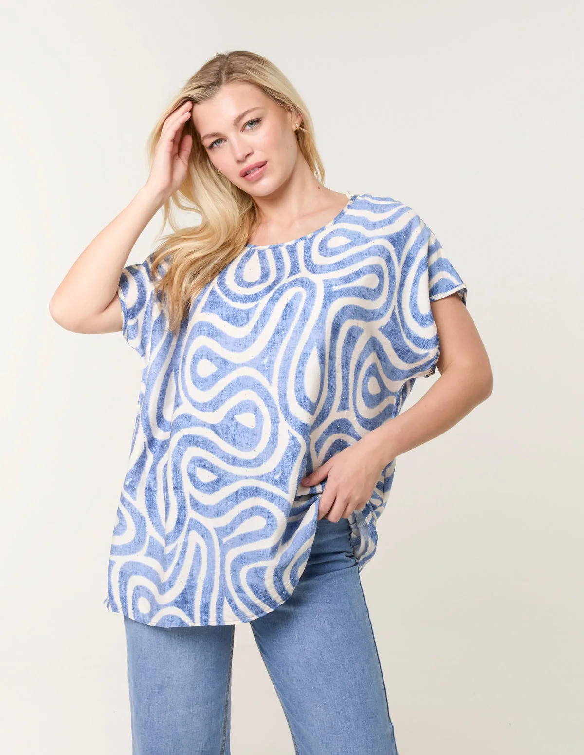 Round Neck Top With Abstract Print - S/M / BLUE - female - Blue Vanilla - FashionsVida