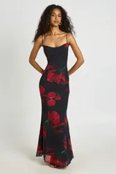 Womens Large Floral Bust Detail Fitted Maxi Dress - Black - Size 10 Uk