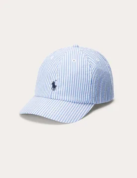 Berretto a righe azzurro e bianco in cotone con frontino e logo icon blu - Ralph Lauren - FashionsVida