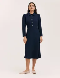 Crepe Button Front Midi Shirt Dress Navy female