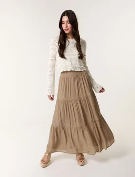 Shirring Waist Tiered Maxi Skirt - M/L / MOCHA - female - Blue Vanilla - FashionsVida