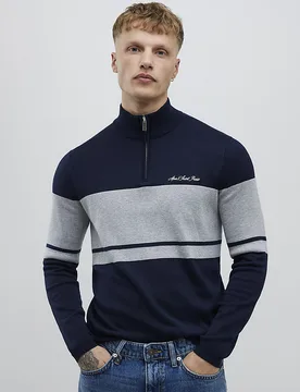 Mens Jumper Navy Slim Fit Colour Block Half Zip Viscose - Size Small - River Island - FashionsVida