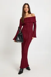Womens Textured Bardot Maxi Dress - Wine - Size 14 Uk