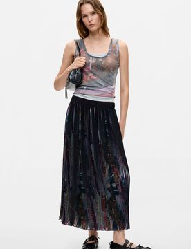 Falda Plisada Midi Floral, Mujer, Poliester, Negro, XS