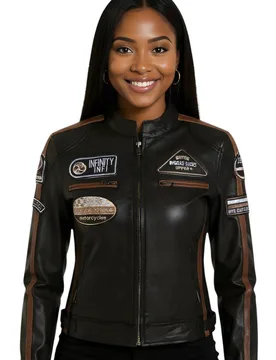 Women's Leather Biker Racing Badges Jacket-Dalby in Jet Black Size: 20 - Jet Black - Size: 20 - Infinity Leather - FashionsVida