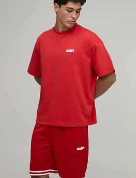 Men's Star Applique Oversized T-Shirt & Basketball Short Set Red Size X-Large Red XL - boohooMAN - FashionsVida