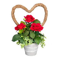Blumenarrangement Rosen-Topf „von Herzen“ rot braun gruen
