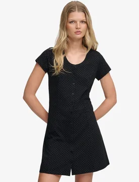 Superdry Damen Kurzärmliges Mini-kleid mit Knopfleiste Black - Größe: 34 - 54.99 - FashionsVida