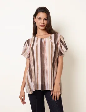 Short Sleeve Pleated Paint Top - M/L / CHOCOLATE/BEIGE - female - Blue Vanilla - FashionsVida