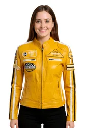 Women's Leather Biker Racing Badges Jacket-Dalby in Yellow Size: 22 - Yellow - Size: 22