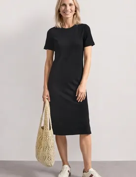 Midikleid in Rippstruktur mit Rundhals female Schwarz