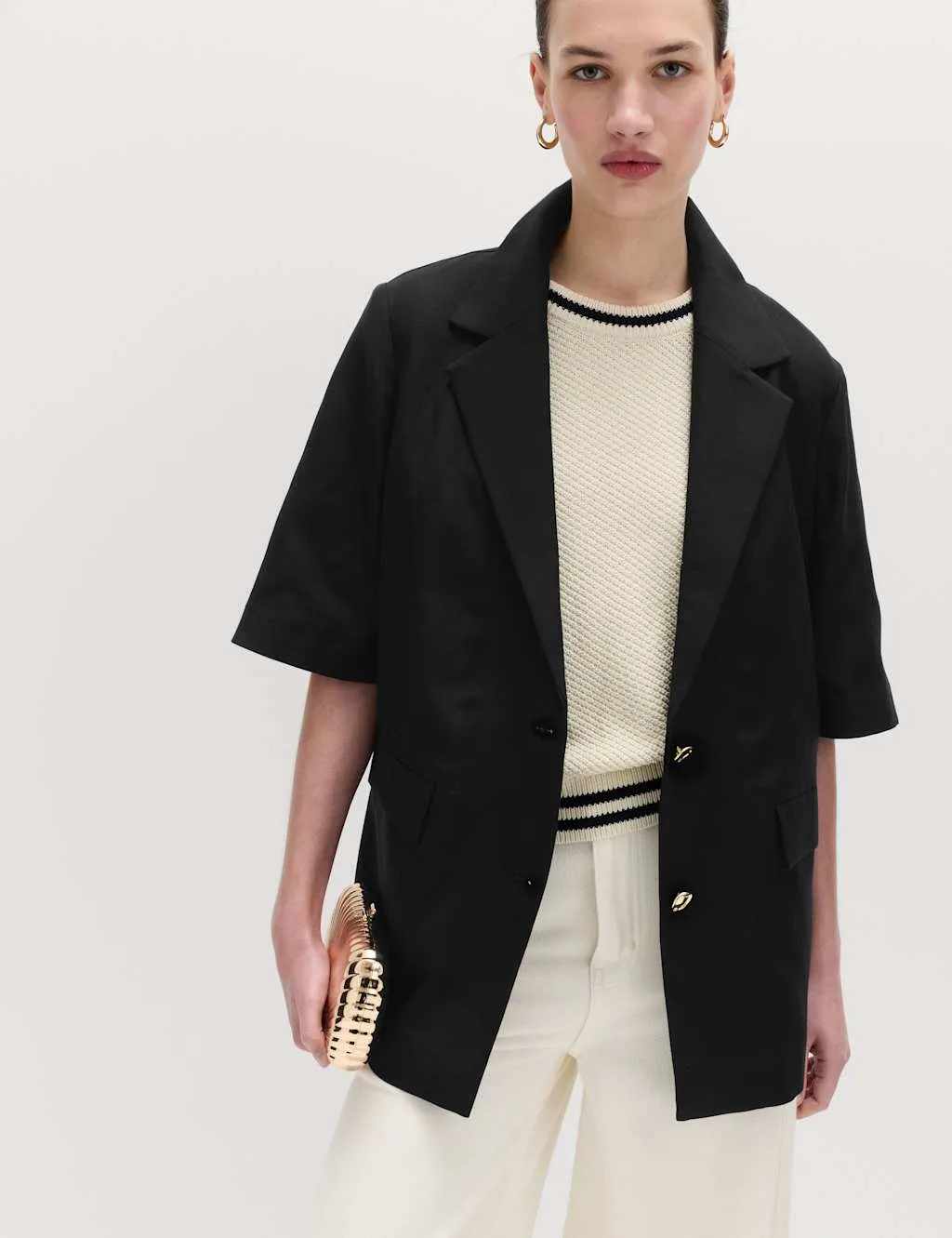 Lyocell Rich Short Sleeve Jacket with Linen Black female - M&S - FashionsVida