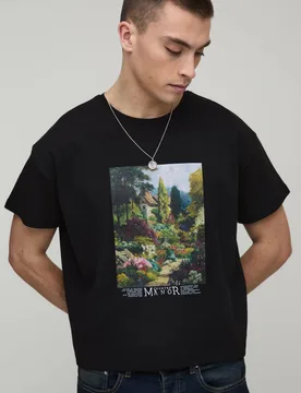 Men's Country Digital Print Oversized Cropped T-Shirt Black Size X-Large Black XL - boohooMAN - FashionsVida